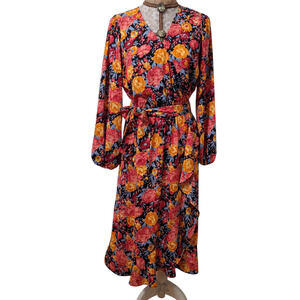 LC Lauren Conrad Navy Orange Floral Balloon Sleeve Dress M